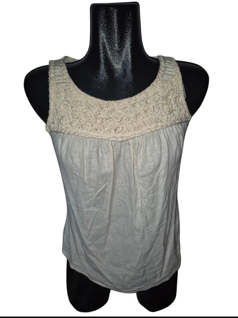 Marisa Christina Cream Sleeveless Linen Blend Fabric Rosette Yoke Tank Top S